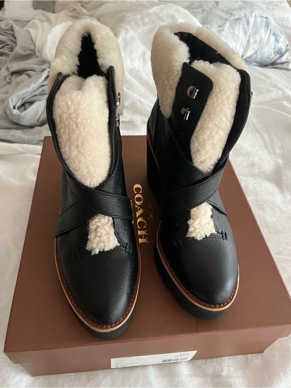 Coach Black Leather Ankle Boots with Cream Shearling